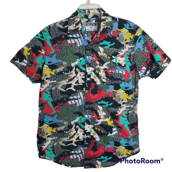 Staple Men's Short Sleeve Button Front Abstract Retro Print Shirt Medium - Picture 1 of 6